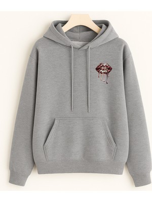 EYDAMOON Kadın Kışlık Pamuklu Minimal Leopar Dudak Baskılı Kapüşonlu Kanguru Cepli Regular Sweatshirt