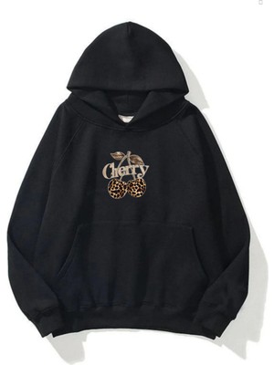 EYDAMOON Kadın Kışlık Leopard Cherry Baskılı Kapüşonlu Kanguru Cepli Regular Sweatshirt