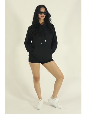 EYDAMOON Kadın Siyah Kışlık Relaxed Içi Polarlı Pamuklu Kanguru Cepli Kapüşonlu Sweatshirt