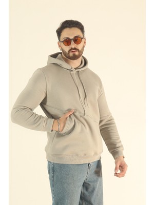 EYDAMOON Erkek Basic Kışlık Içi Polarlı Sweatshirt - Taş Regular Yandan Cepli Kapüşonlu