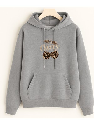 EYDAMOON Kadın Kışlık Içi Yünlü Leopard Cherry Baskılı Kapüşonlu Kanguru Cepli Regular Sweatshirt