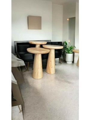 El Yapımı Ahşap Mantar Sehpa 3’lü Naturel Renk Zigon Sehpa