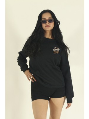 EYDAMOON Kadın Kışlık Pamuklu Minimal Leopard Cherry Baskılı Regular Bisiklet Yaka Sweatshirt