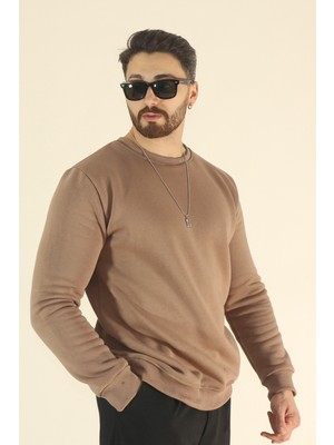 EYDAMOON Erkek Basic Kışlık Içi Polarlı Sweatshirt - Kahverengi Regular Bisiklet Yaka