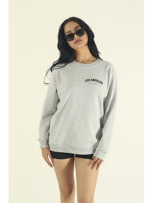 EYDAMOON Kadın Kışlık Pamuklu Minimal Los Angeles Baskılı Regular Bisiklet Yaka Sweatshirt