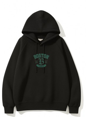 EYDAMOON Unisex Kışlık Boston Baskılı Regular Içi Yünlü Kapüşonlu Sweatshirt