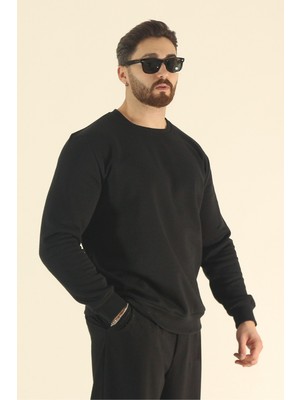 EYDAMOON Erkek Siyah Regular Kışlık Pamuklu Içi Polarlı Bisiklet Yaka Basic Sweatshirt