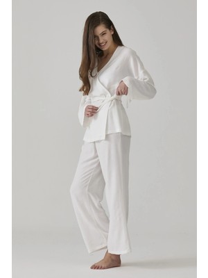 Pamuk & Pamuk Kadın Ekru Jakarlı Kimono Yaka Pijama Takımı