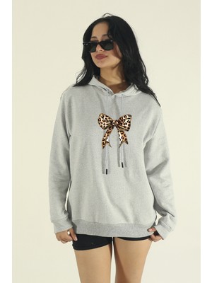 EYDAMOON Kadın Kışlık Pamuklu Leopar Fiyonk Baskılı Regular Kapüşonlu Sweatshirt