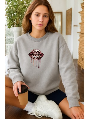 EYDAMOON Kadın Kışlık Pamuklu Leopar Dudak Baskılı Regular Bisiklet Yaka Sweatshirt