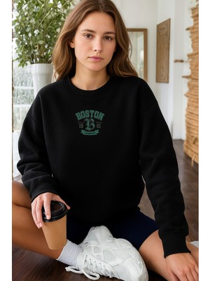 EYDAMOON Kadın Kışlık Içi Yünlü Boston Baskılı Regular Bisiklet Yaka Sweatshirt