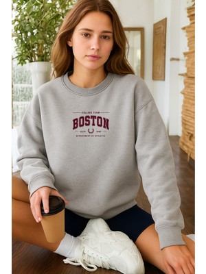 EYDAMOON Kadın Kışlık Boston Baskılı Regular Pamuklu Bisiklet Yaka Sweatshirt