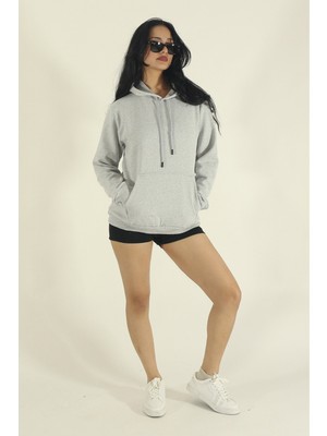 EYDAMOON Kadın Gri Kışlık Relaxed Içi Polarlı Pamuklu Kanguru Cepli Kapüşonlu Sweatshirt