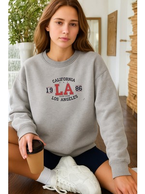 EYDAMOON Kadın Kışlık California Los Angeles Baskılı Regular Pamuklu Bisiklet Yaka Sweatshirt