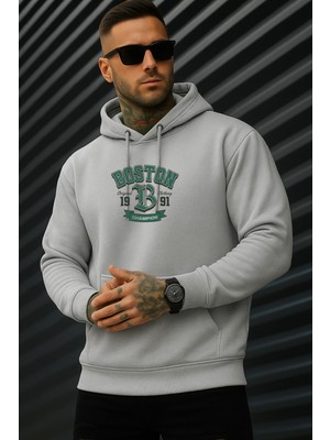 EYDAMOON Erkek Kışlık Boston Baskılı Pamuklu Kapüşonlu Kanguru Cepli Sweatshirt