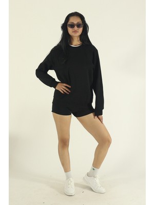 EYDAMOON Kadın Siyah Kışlık Içi Polarlı Pamuklu Puf Kumaş Bisiklet Yaka Sweatshirt