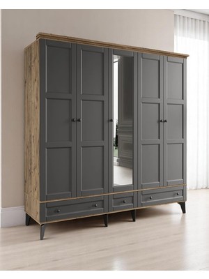 Miracool Karin 5 Kapaklı Dolap / Gardrop / Çam Antrasit / %100 Mdf