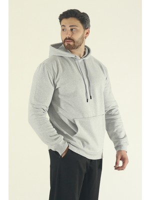 EYDAMOON Erkek Gri Kışlık Relax Fit Içi Polarlı Kapüşonlu Kanguru Cepli Sweatshirt
