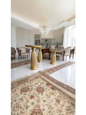 Ahşap Yan Sehpa Seti – 3’lü Mantar Sehpa Altın Varak Renk