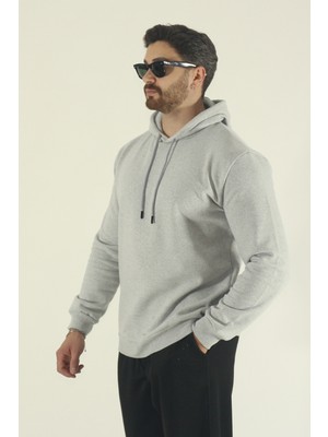 EYDAMOON Erkek Gri Kışlık Regular Fit Pamuklu Kapüşonlu Sweatshirt
