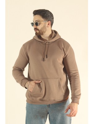 EYDAMOON Erkek Basic Kışlık Içi Polarlı Sweatshirt - Kahverengi Regular Kanguru Cepli Kapüşonlu