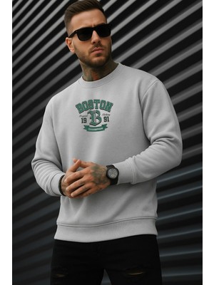 EYDAMOON Erkek Kışlık Pamuklu Boston Baskılı Regular Bisiklet Yaka Sweatshirt