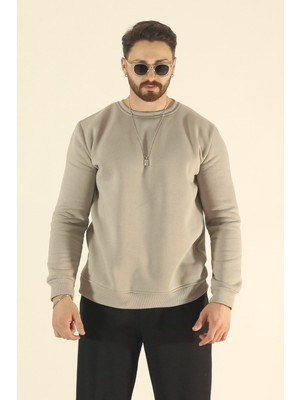 EYDAMOON Erkek Basic Kışlık Içi Polarlı Sweatshirt - Taş Regular Bisiklet Yaka