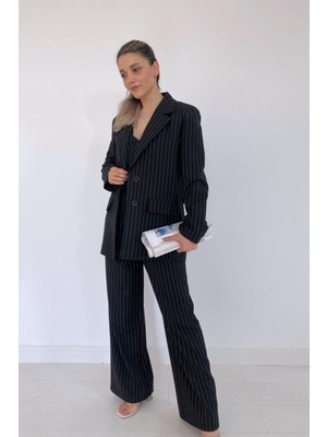 Siyah Çizgili Ceket - Yelek ve Pantolon Takım