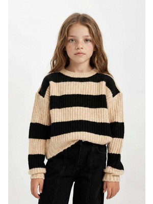 DeFacto Kız Çocuk Çizgili Bisiklet Yaka Triko Kazak A6009A824WN