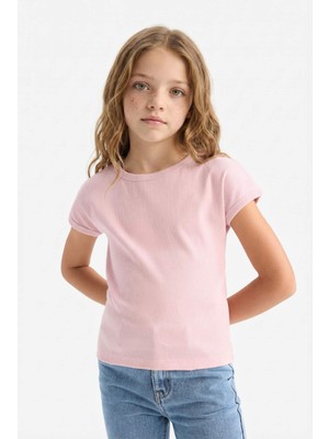 DeFacto Slim Fit Dar Kesim Bisiklet Yaka Basic Düz Fitilli Kaşkorse Kısa Kollu Tişört Kız Çocuk B3053A825SM