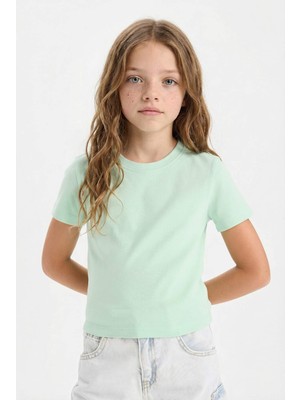 DeFacto Kız Çocuk Slim Fit Dar Kesim Bisiklet Yaka Ribana Basic Düz Kısa Kollu Tişört B3054A825SM