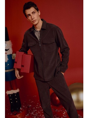 DeFacto Regular Fit Polo Yaka Fitilli Kadife Gömlek Ceket D3380AX25AU