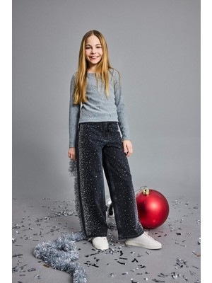 DeFacto Yılbaşı Temalı Düz Paça Taşlı Jean Pantolon Kız Çocuk G6494A825WN