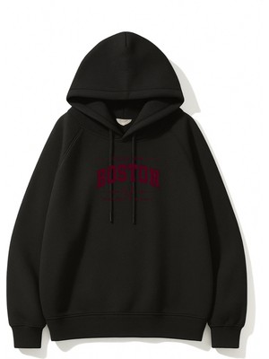 EYDAMOON Kadın Kışlık Boston Yazılı Pamuklu Kapüşonlu Regular Sweatshirt