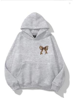 EYDAMOON Kadın Kışlık Minimal Leopar Fiyonk Baskılı Kapüşonlu Kanguru Cepli Regular Sweatshirt