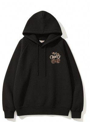 EYDAMOON Kadın Kışlık Pamuklu Minimal Leopard Cherry Baskılı Regular Kapüşonlu Sweatshirt