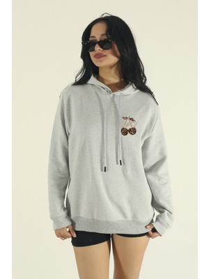 EYDAMOON Kadın Kışlık Pamuklu Minimal Leopard Cherry Baskılı Regular Kapüşonlu Sweatshirt