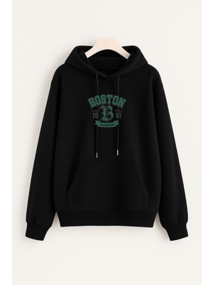 EYDAMOON Erkek Kışlık Boston Baskılı Pamuklu Kapüşonlu Kanguru Cepli Regular Sweatshirt