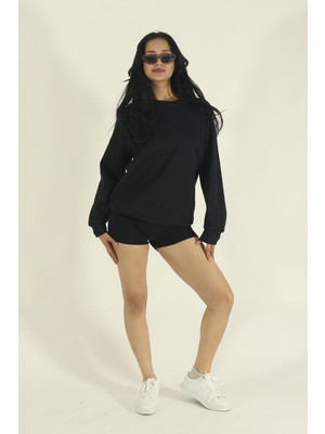 EYDAMOON Kadın Siyah Kışlık Relaxed Içi Polarlı Pamuklu Bisiklet Yaka Sweatshirt