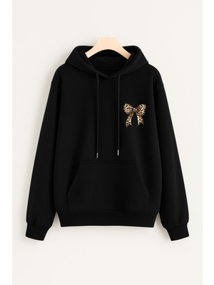 EYDAMOON Kadın Kışlık Minimal Leopar Fiyonk Baskılı Kapüşonlu Kanguru Cepli Regular Sweatshirt