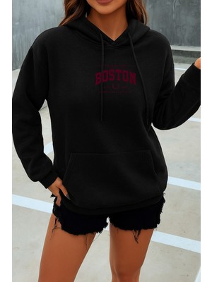 EYDAMOON Kadın Kışlık Pamuklu Boston Baskılı Kapüşonlu Kanguru Cepli Regular Sweatshirt