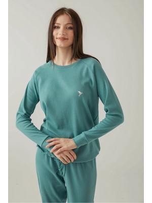 Pamuk & Pamuk Yeşil Fitlli Belden Bağlamalı Pijama Takımı