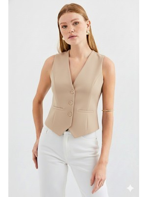 Ribana Classic Kadın Kruvaze Kesim Slim Fit V Yaka Düğme Detaylı Yelek