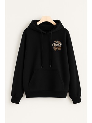 EYDAMOON Kadın Kışlık Minimal Leopard Cherry Baskılı Kapüşonlu Kanguru Cepli Regular Sweatshirt