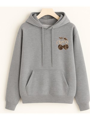 EYDAMOON Kadın Kışlık Minimal Leopard Cherry Baskılı Kapüşonlu Kanguru Cepli Regular Sweatshirt