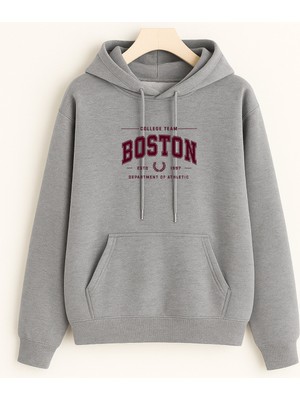 EYDAMOON Unisex Kışlık Boston Baskılı Regular Pamuklu Kapüşonlu Sweatshirt