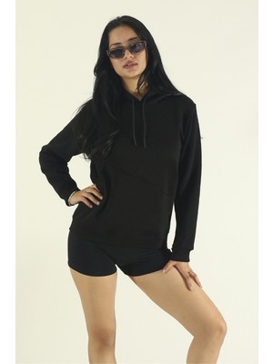 EYDAMOON Kadın Kışlık Pamuklu Puf Kumaş Yandan Cepli Kapüşonlu Sweatshirt