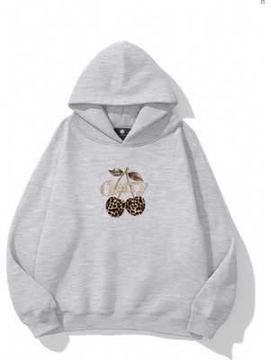 EYDAMOON Kadın Kışlık Pamuklu Leopard Cherry Baskılı Regular Kapüşonlu Sweatshirt