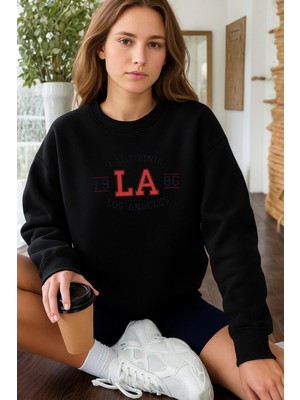 EYDAMOON Kadın Kışlık California Los Angeles Baskılı Regular Pamuklu Bisiklet Yaka Sweatshirt
