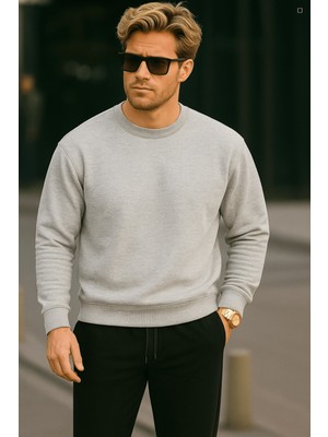 EYDAMOON Erkek Gri Basic Kışlık Içi Polarlı Bisiklet Yaka Sweatshirt - Regular Gri